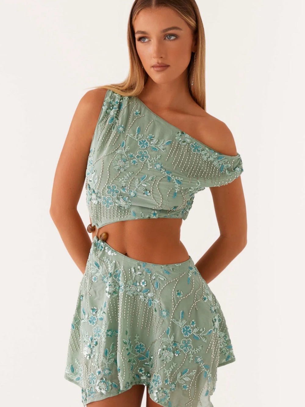 Peppermayo Mint Green Beaded One-Shoulder Crop Dress